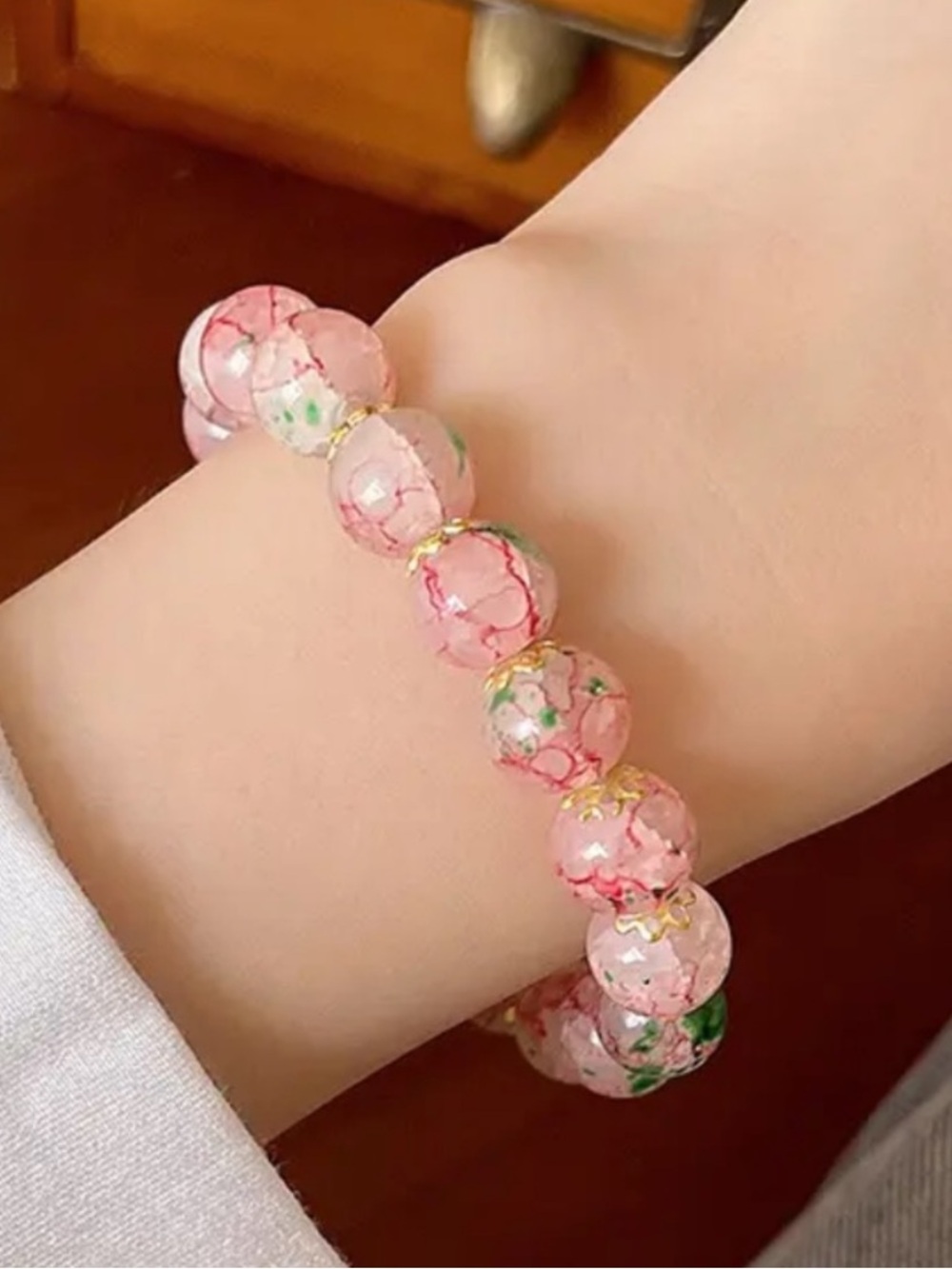 Specialty Crackled Glass Beaded Bracelet - Multicolored with Gold Accents